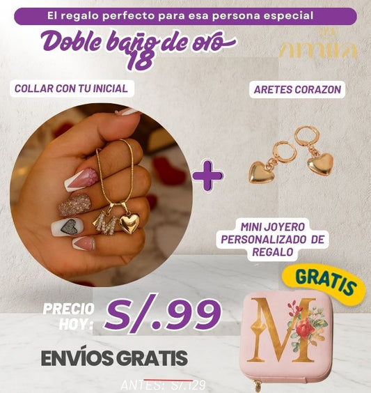 Set Corazón + inicial con Doble baño de oro 18k+joyero personalizado de🎁
