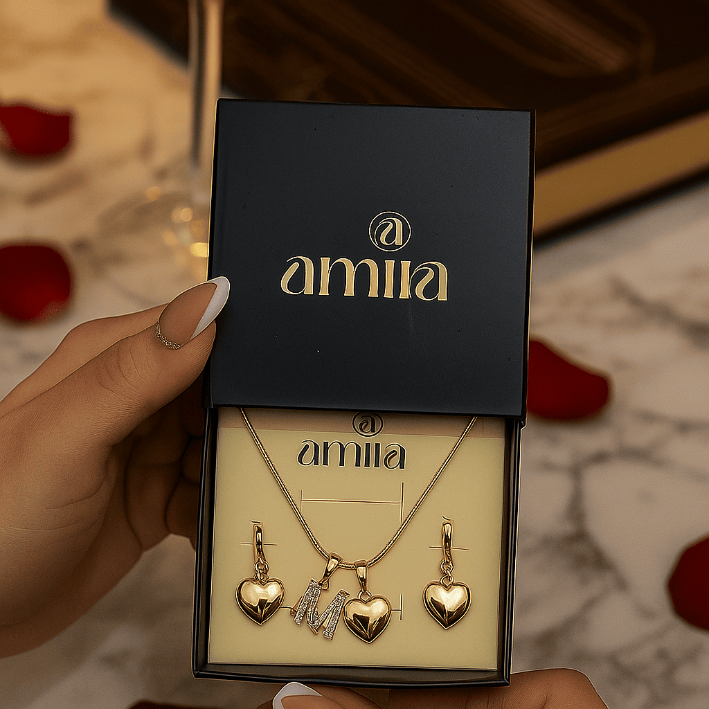 Set Corazón + inicial con Doble baño de oro 18k+joyero personalizado de🎁