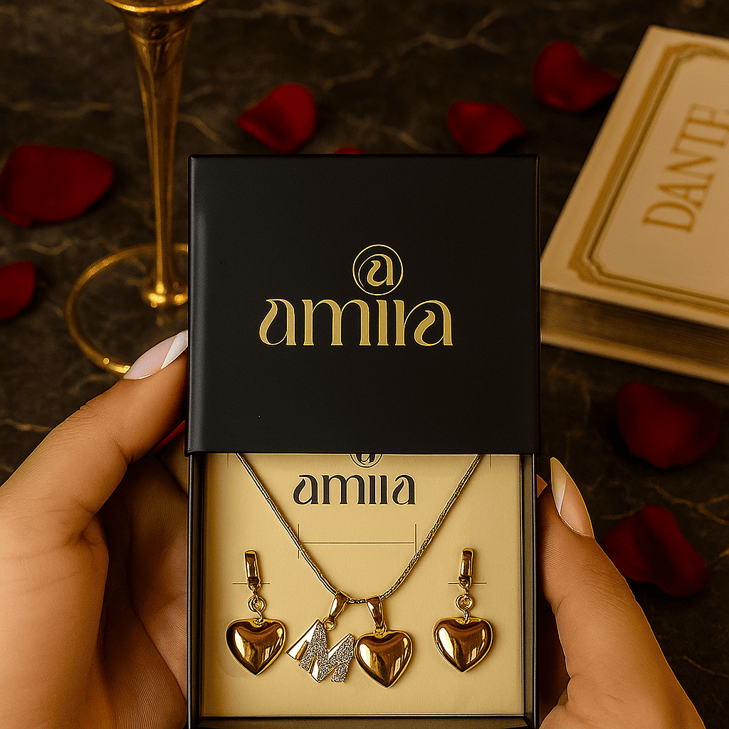 Set Corazón + inicial con Doble baño de oro 18k+joyero personalizado de🎁
